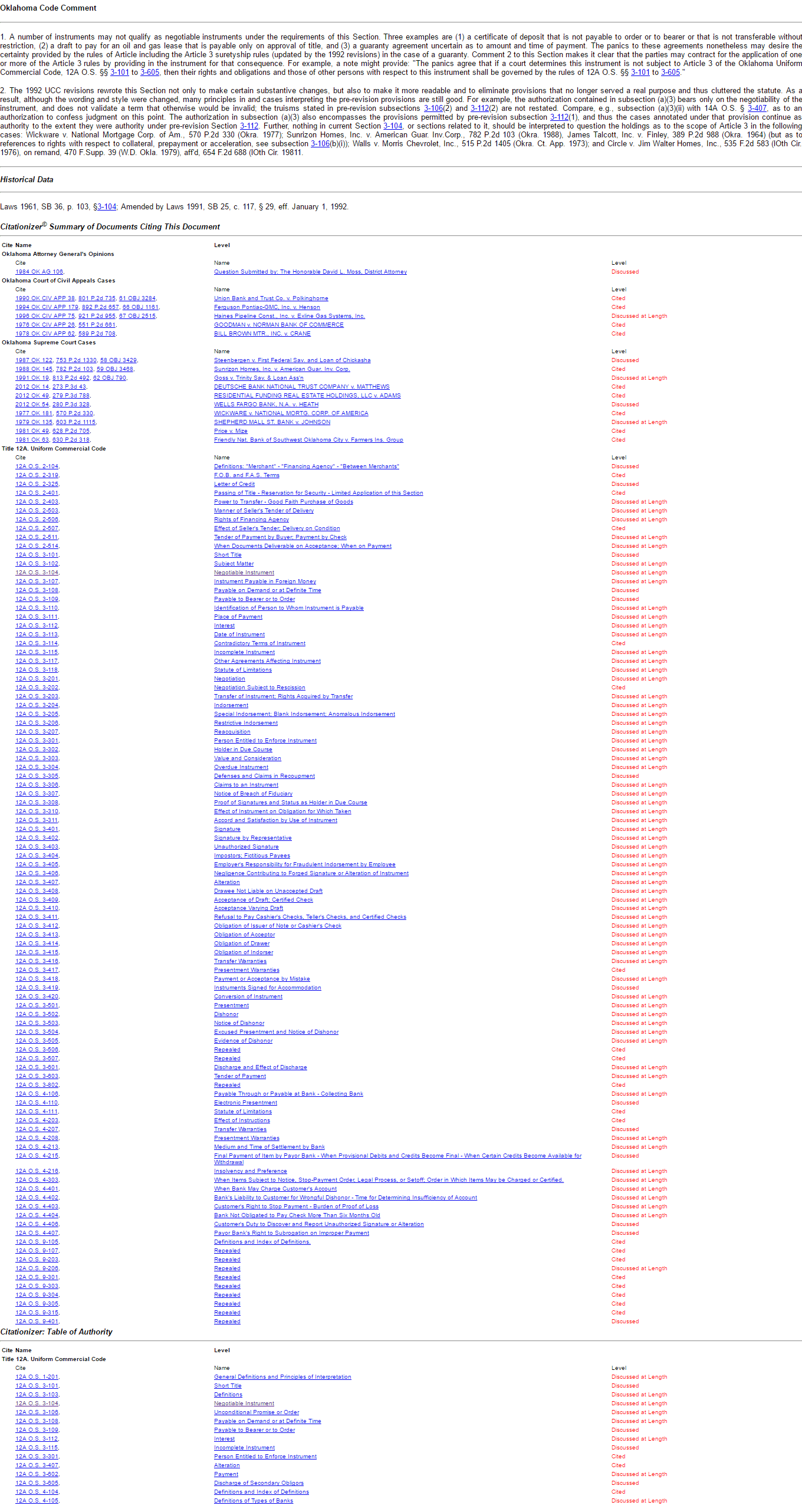 Text of official comments, citation to legislative history, and links to citing court cases and statutory cross-references